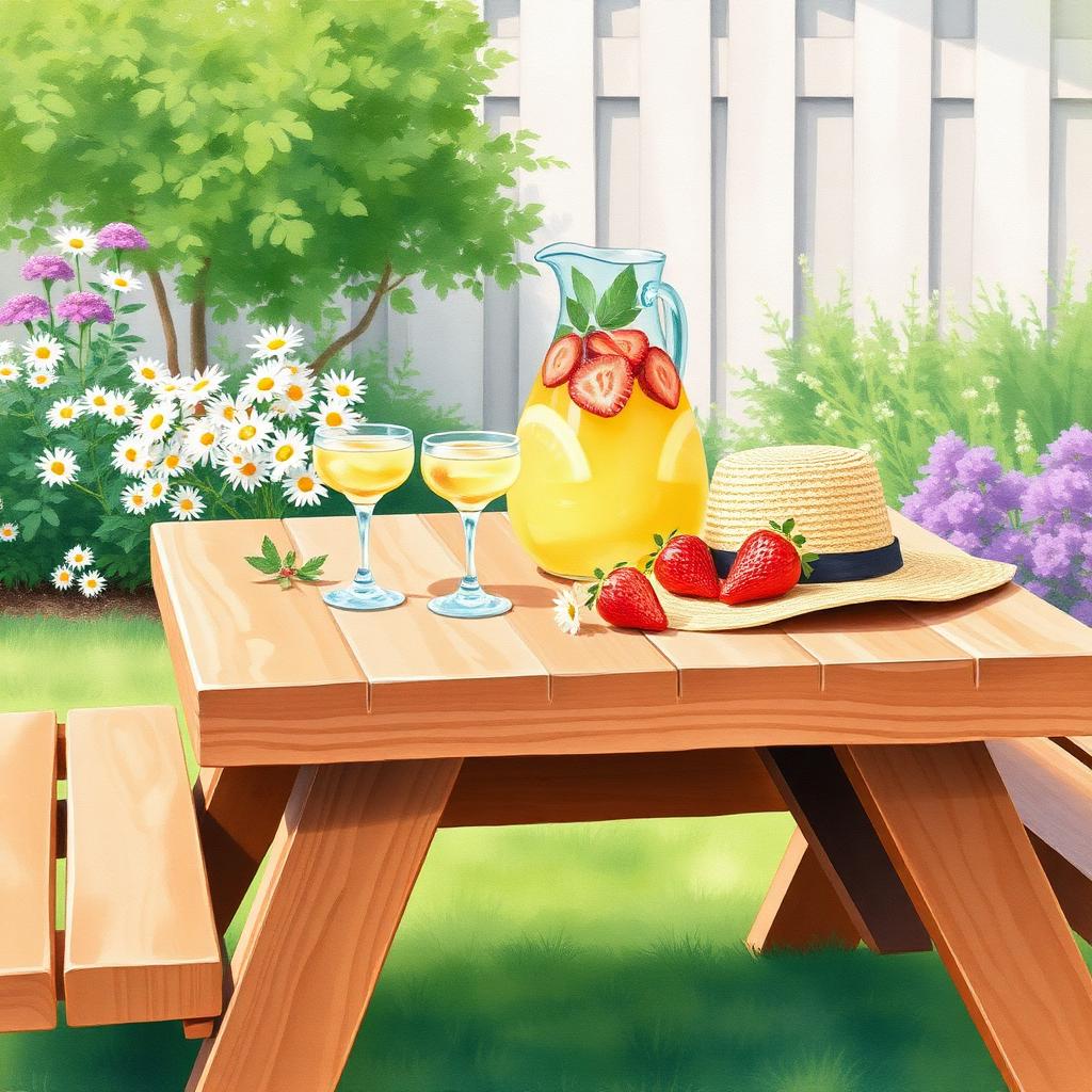 Pastel still life of a wooden picnic table with lemonade, sliced strawberries, sunhat, and daisies in a backyard