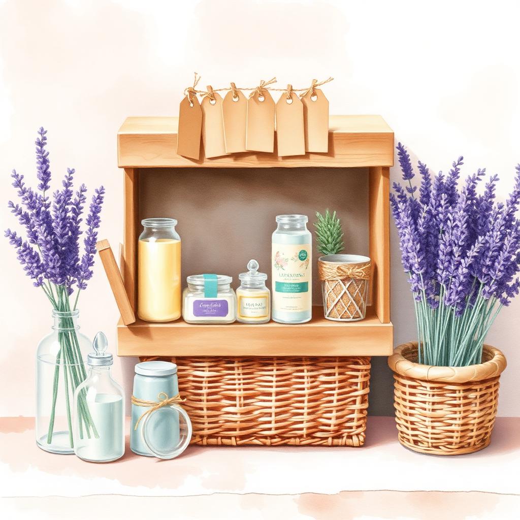 Pastel still life of a market stand with hand-poured candles, lavender bundles, brown tags, and a wicker basket
