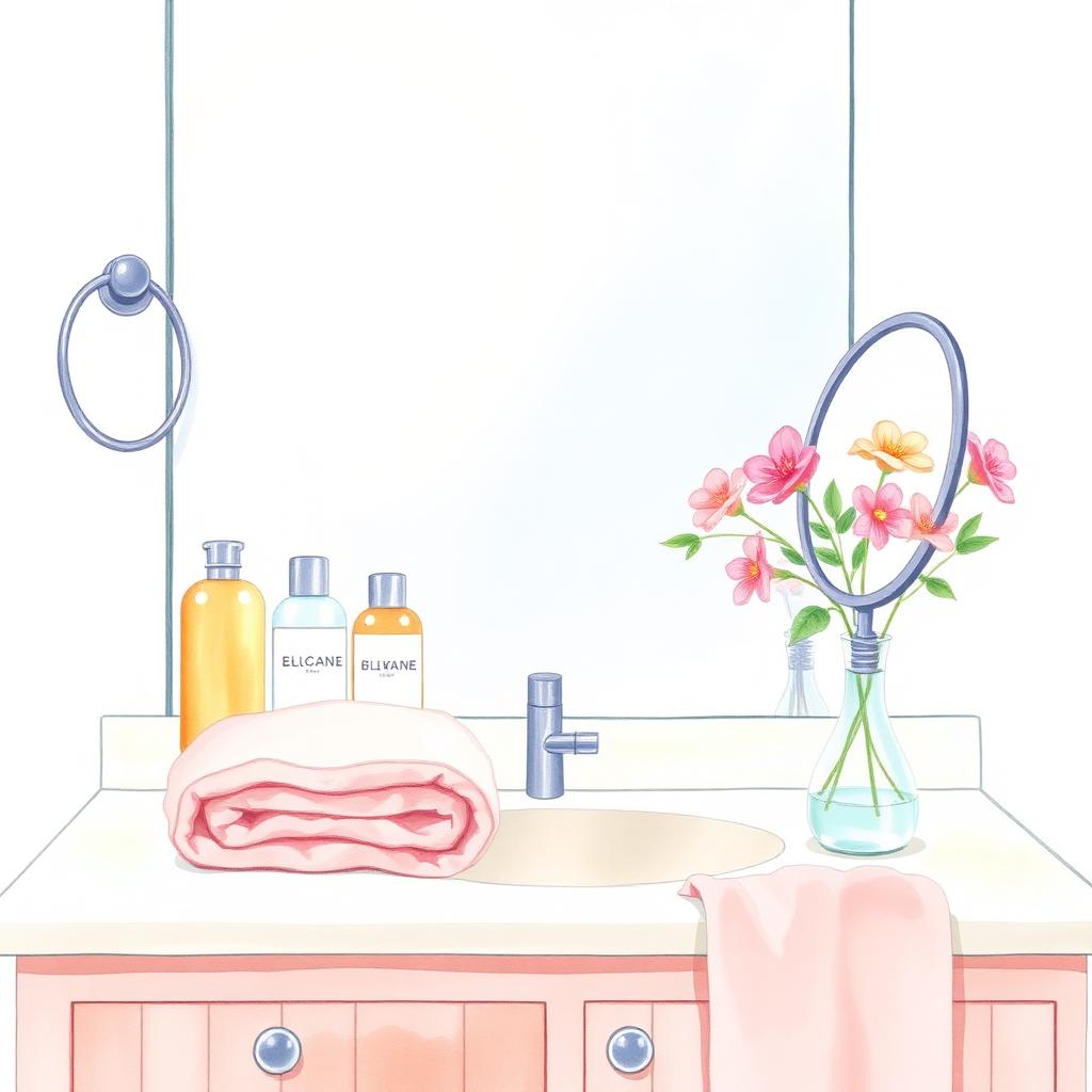 Pastel still life of a bathroom vanity with skincare bottles, a soft pink towel, fresh flowers, and a hand mirror